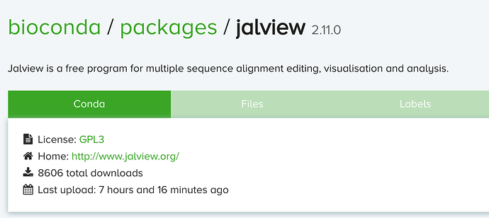 Screenshot of bioconda package information